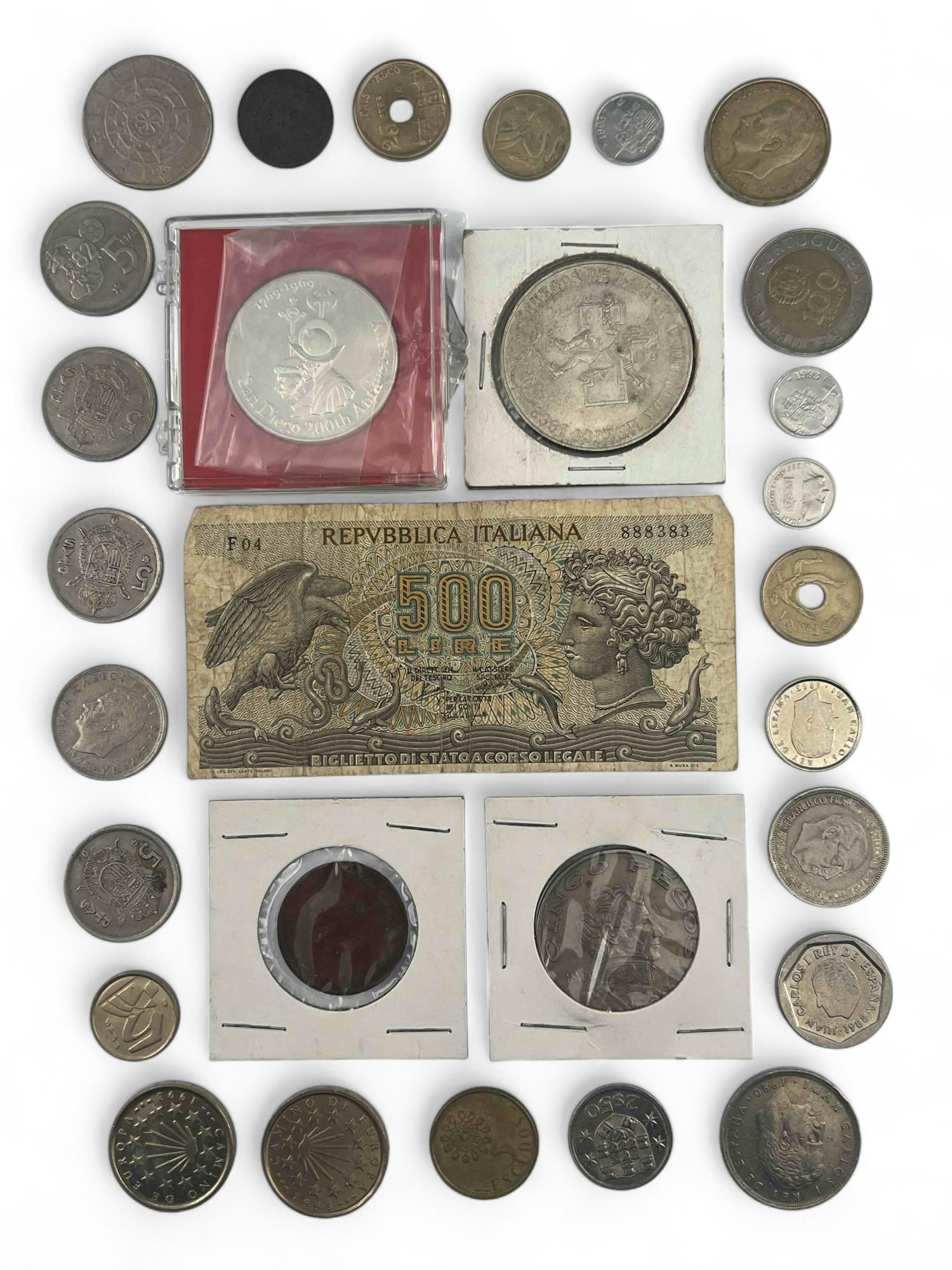 Foreign Coins & Currency, Including Mexican 1968 Silver 25 Peso Olympic Coin (1 of 9)