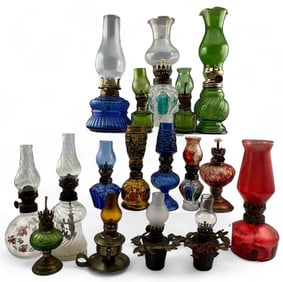 Grouping Of Miniature Oil Lamps, Including Cobalt Blue Glass & Petit Choses