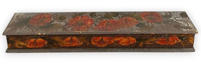 California Arts & Crafts Pyrography Box With Poppy Motif