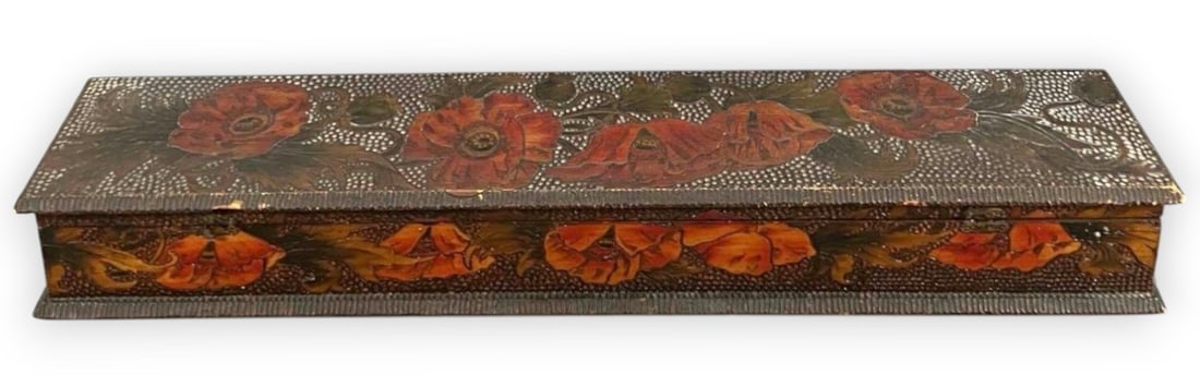 California Arts & Crafts Pyrography Box With Poppy Motif (1 of 9)