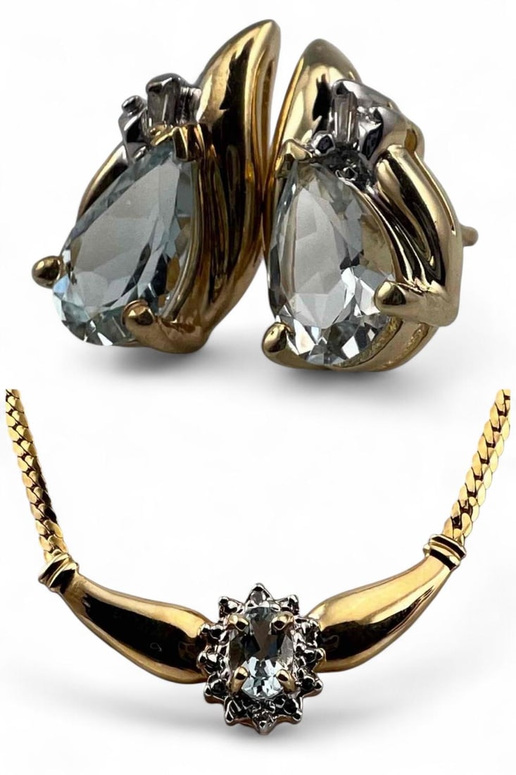 14K Aquamarine Necklace & Earrings: 14K Aquamarine Necklace & Earrings, 6.2g total weight. Necklace length 17.25in. Aquamarine in necklace 5.9 x 3.9mm. Earrings 14.3 x 7.5mm. Aquamarine in earrings 6.8 x 4.7mm. All measurements are appr