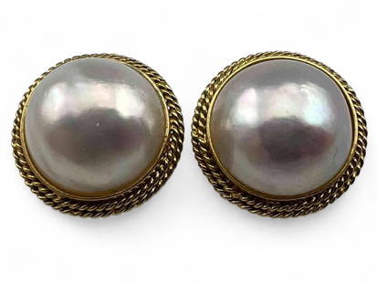 14K Pearl Earrings: 14K Pearl Earrings, 8.3g. Marked "14K, 585." Earrings approximately 17.2mm. Pearls approximately 13.4mm. ALL CREDIT CARDS WILL BE MANUALLY VERIFIED PRIOR TO SHIPMENT.