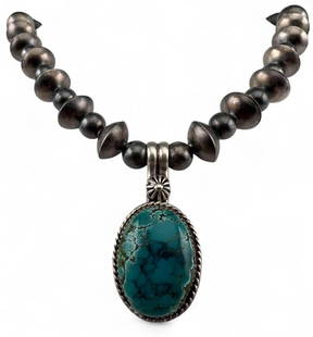Attributed To Laurence Archuleta, Taos, Native American Sterling Silver Turquoise Necklace: Attributed To Laurence Archuleta, Taos, Native American Sterling Silver Turquoise Necklace, 44.9g. Pendant marked "Sterling," pearls test as sterling. Chain length approximately 22.5in. Pendant