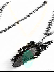 Vintage Navajo Silver & Turquoise Necklace: Vintage Navajo Silver & Turquoise Necklace 29.4g. Signed "B. Woody Navajo 1975." Pendant tests as sterling. Pearls test as 85 percent silver. Clasp replaced, not silver. Necklace length approximately