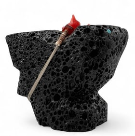 Attributed to Burt Amelagte, Zuni Lava Rock, Coral, Turquoise & Heishi Bead Raven Fetish