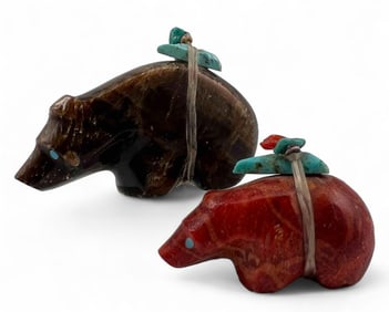 Emery Eriacho, Two Zuni Coral, Root Beer Onyx & Turquoise Bear Fetishes