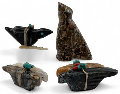 Four Zuni Bird Fetishes, Including LaVies Natewa: Four Zuni Bird Fetishes, Including LaVies Natewa, Evalena Boone. Two bird pair fetishes signed "LN DV Zuni." Leopard Jasper eagle fetish signed "Evalena Boone." Orthoceras Fossil, shell, turquoise, an