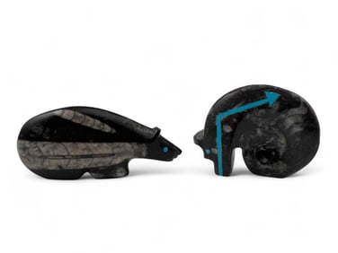 Bernard Laiwakete And Roy Davis, Two Zuni Orthoceras Fossil & Turquoise Bear Fetishes