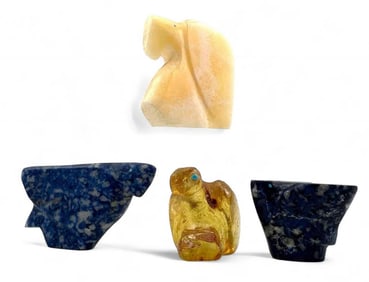 Burt Awelagte, Four Zuni Eagle Fetishes Including Amber, Lapis & Tijilite