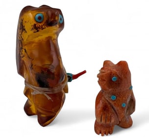 Two Zuni Coral, Amber & Turquoise Bear Fetishes