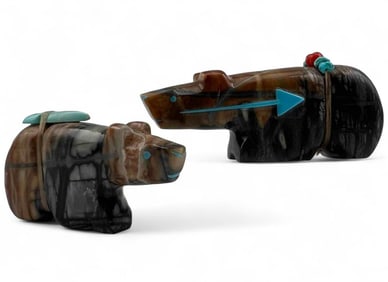 Bryson Bobelu, Two Zuni Picasso Marble & Turquoise Bear Fetishes