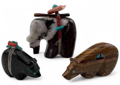 Three Zuni Stone Bear Fetishes