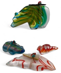 Four Zuni Art Glass Bear & Bird Fetishes