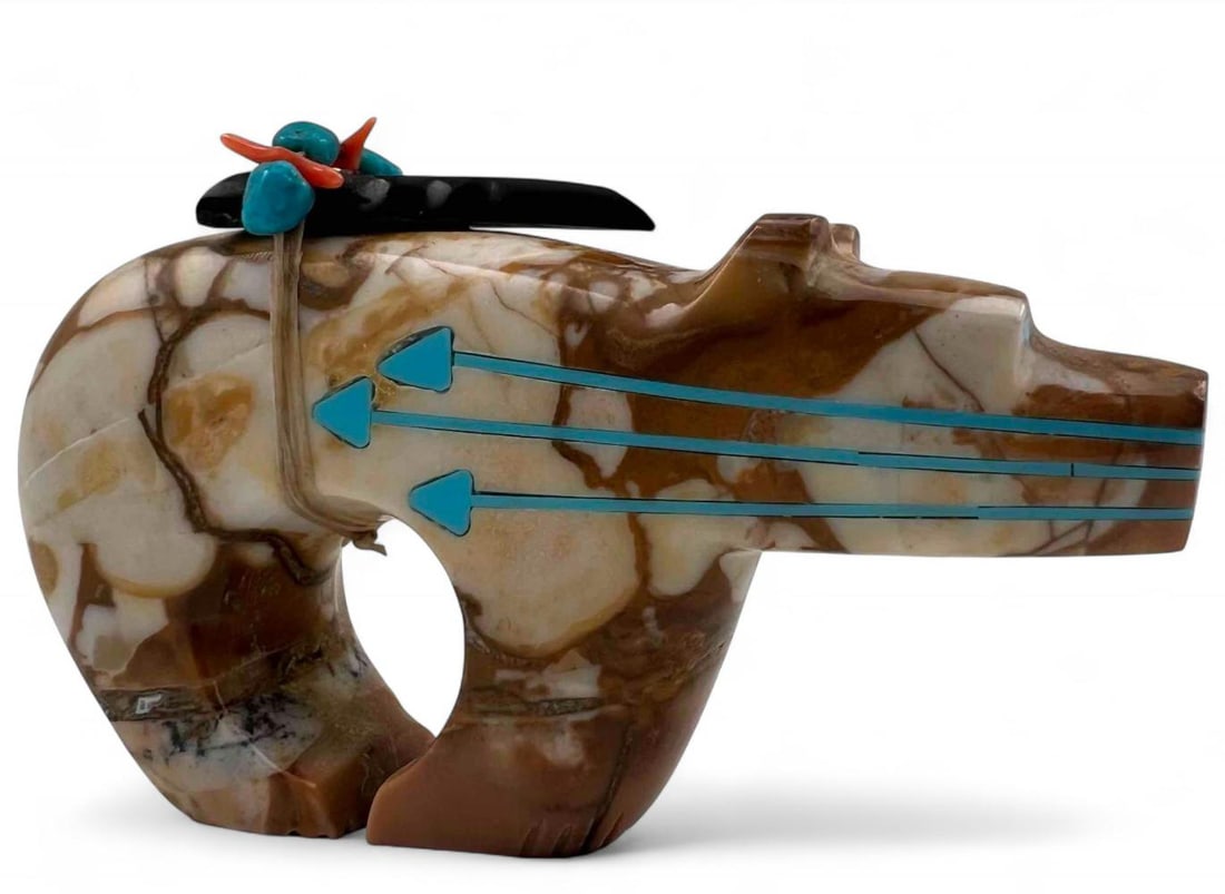Donovan Laiwakete, Zuni Tijilite, Turquoise, Obsidian & Coral Bear Fetish (1 of 10)