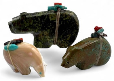 Three Zuni Carved Stone & Shell Bear Fetishes
