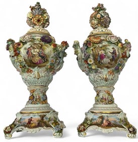 Pair Of Monumental Dresden Porcelain Potpourri Urns