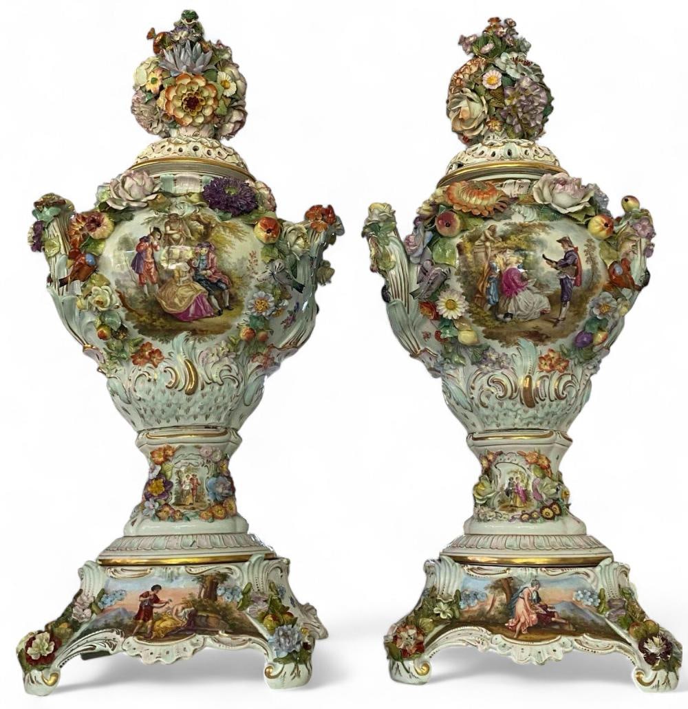 Pair Of Monumental Dresden Porcelain Potpourri Urns: Pair Of Monumental Carl Thieme Dresden Porcelain Potpourri Urns. Late 19th or early 20th Century. Approximately 31.25H x 12.0w x 11.0D in. PICKUP FOR THIS ITEM WILL BE IN ATHERTON, CALIFORNIA, 94027,