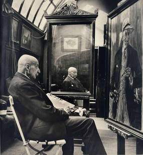 Fritz Eschen (German, 1900-1964), Portrait Of Artist Max Liebermann, Gelatin Silver Print: Fritz Eschen (German, 1900-1964), Portrait Of Artist Max Liebermann, Gelatin Silver Print. Titled, with artist's stamp on verso. Photograph approximately 10.25H x 9.375W in. Mat approximately 15.375H