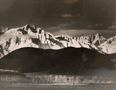 Ansel Adams, Winter Sunrise, Sierra Nevada, From Lone Pine, California 1944: Ansel Adams, Winter Sunrise, Sierra Nevada, From Lone Pine, California 1944, Later Printing. Stamp from The Witkin Gallery, New York on verso. Sheet approximately 10.0W x 8.125H in. Image approximatel