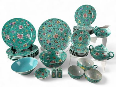 Mid 20th Century Hand Enameled Turquoise Ground Famille Rose Chinese Porcelain Set