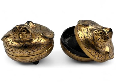 Pair Of Early 20th Century Burmese Owl Form Boxes