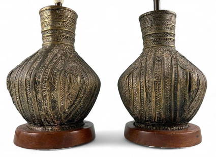 Pair Of Indian Brass Vases, Mounted As Lamps: Pair Of Indian Brass Vases, Mounted As Lamps. Each vase approximately 8.375H x 6.125W in. Lamps (to base of socket) approximately 13.0H x 6.125W in.