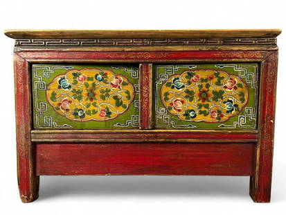 Tibetan Painted Buddhist Altar Cabinet: Tibetan Painted Buddhist Altar Cabinet. Approximately 27.0W x 13.5D x 17.75H in.