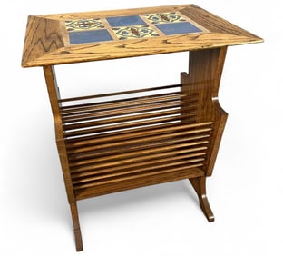 Mission Style Oak Tile Top Magazine Stand Table
