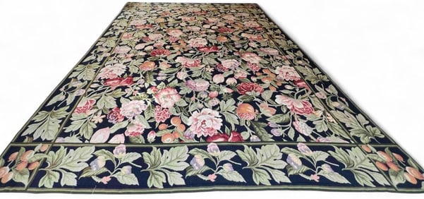 Black Floral Needlepoint Rug