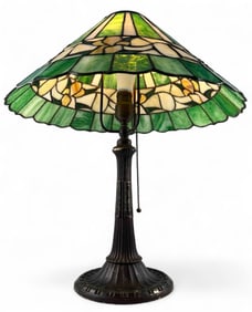 Antique Tiffany Style Stained Glass Table Lamp With Daffodil Motif