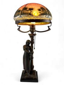 Art Nouveau Figural Spelter Table Lamp With Painted Glass Shade