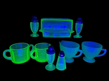 Green Uranium Glass Tableware Including Butter Dish