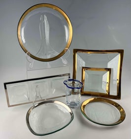 AnnieGlass California Studio Art Glass Gold & Silver Rimmed Serving Plates