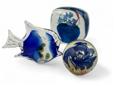 Three Ocean Themed Art Glass Paperweights