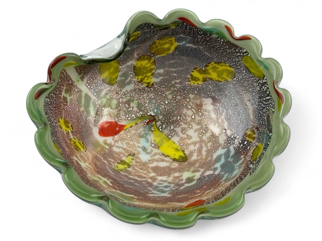 Murano Tutti Frutti Art Glass Bowl With Scalloped Edge: Murano Tutti Frutti Art Glass Bowl With Scalloped Edge. Unsigned. Approximately 8.75W x 3.25H in.