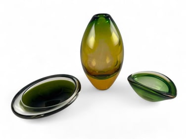Three Pieces Green & Amber Art Glass, Including Murano