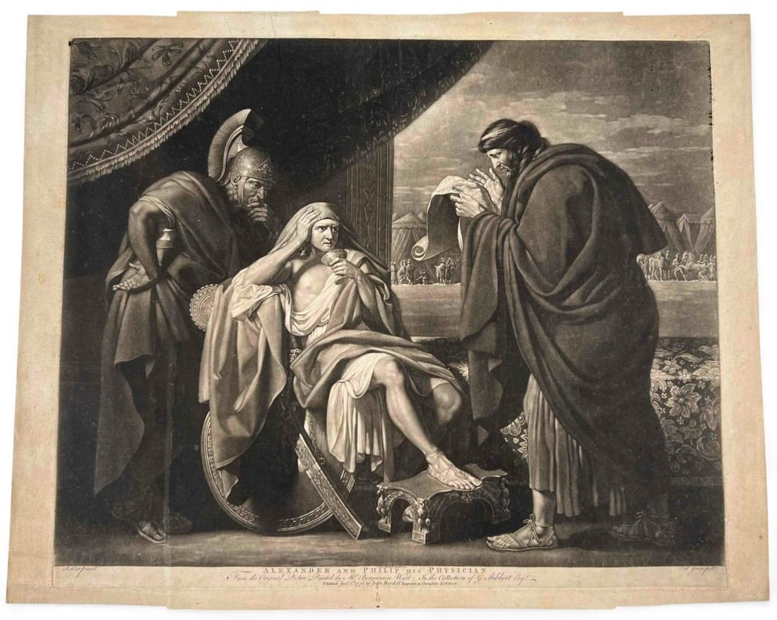 After Benjamin West, Alexander And Phillip His Physician, 18th Century Engraving: John Boydell, After Benjamin West, Alexander And Phillip His Physician, 18th Century Engraving. "Alexander and Philip his Physician, From the Original Picture Painted by Mr. Benjamin West; In the Coll