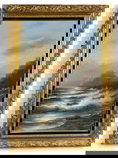 Seascape With Lighthouse, Oil On Canvas, Signed H. Jea: Seascape With Lighthouse, Oil On Canvas, Signed H. Jea. As framed approximately 44.5H x 32.5W x 2.0D in. Sight approximately 35.5H x 23.625W in.