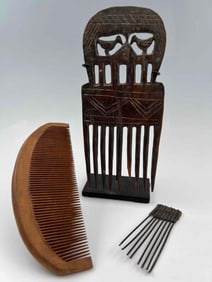 Grouping Of Combs, Including Ashanti Carved Wood Comb With Birds