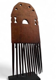Ashanti Ghana Wood Comb With Incised Heart Cross & Human Figure, 20th Century