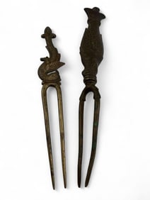 Two Antique Indian Bronze Fish & Bird Form Combs, Chikkuvari