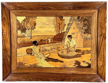 Indian Marquetry Plaque In Rosewood Frame, Village Potter