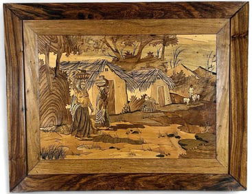 Indian Marquetry Plaque In Rosewood Frame, Village Scene