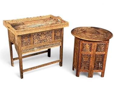 Two Carved Indian Folding Tables With Floral Designs