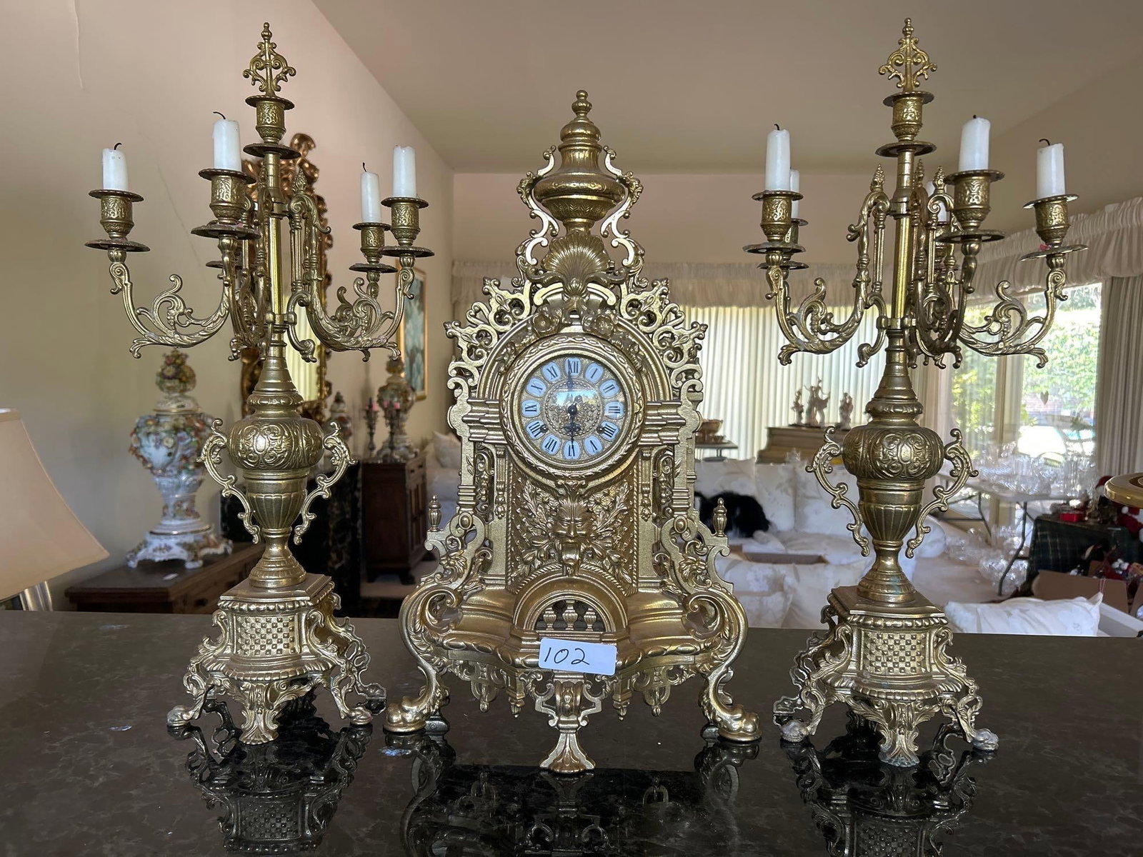 Louis XVI Style Three Piece Brass Garniture: Louis XVI style three piece brass garniture, 20th c.