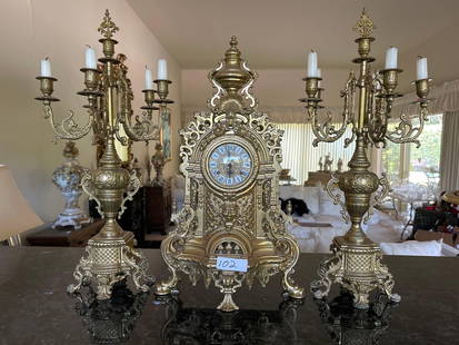 Louis XVI Style Three Piece Brass Garniture: Louis XVI style three piece brass garniture, 20th c.