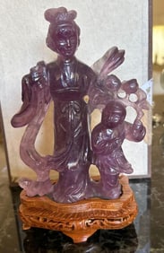 Chinese Hand Carved Amethyst Guanyin Figure In Box