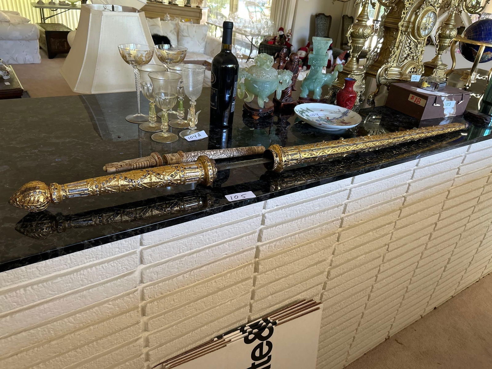 Japanese Carved Bone Dagger & Burmese Dha Sword.: Japanese carved bone dagger & Burmese Dha Sword.