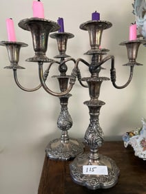 Pair Of Rococo Style Silver Plated, Three Light Candelabras