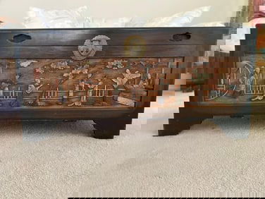 Chinese Carved Camphor Hardstone Mounted Blanket Chest